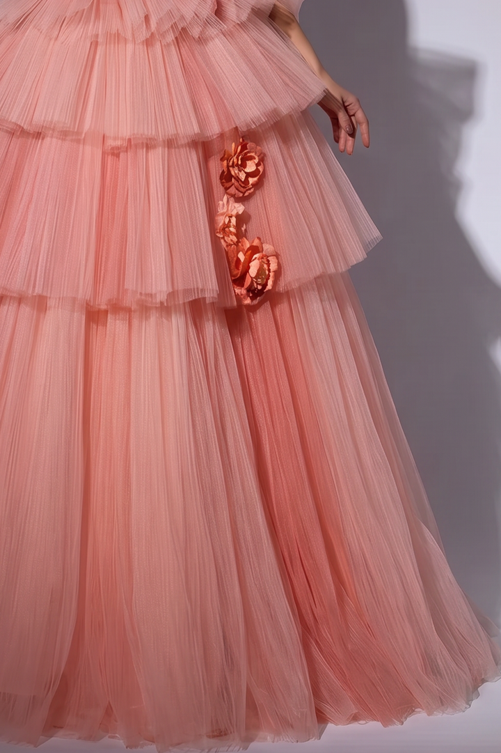 Dusty Pink Tulle Evening Dress with Delicate Floral Appliqué - Pink Tulle Party Dress Plus Size