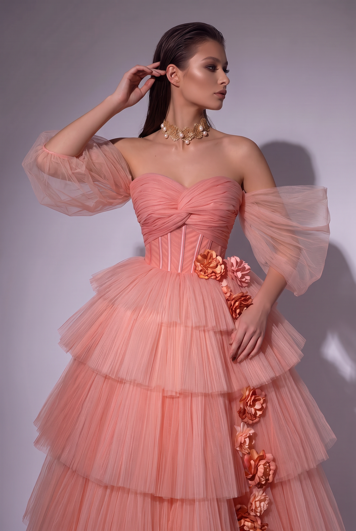 Dusty Pink Tulle Evening Dress with Delicate Floral Appliqué - Pink Tulle Party Dress Plus Size