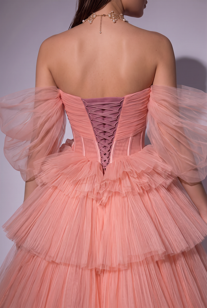 Dusty Pink Tulle Evening Dress with Delicate Floral Appliqué - Pink Tulle Party Dress Plus Size