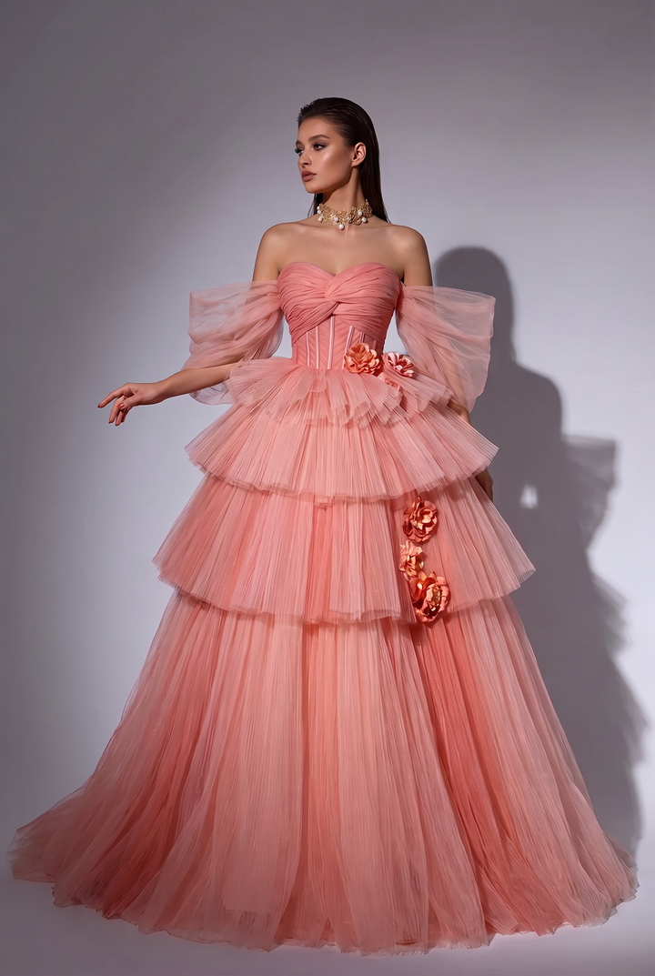 Dusty Pink Tulle Evening Dress with Delicate Floral Appliqué - Pink Tulle Party Dress Plus Size