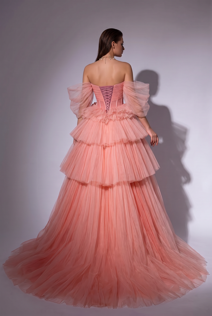 Dusty Pink Tulle Evening Dress with Delicate Floral Appliqué - Pink Tulle Party Dress Plus Size