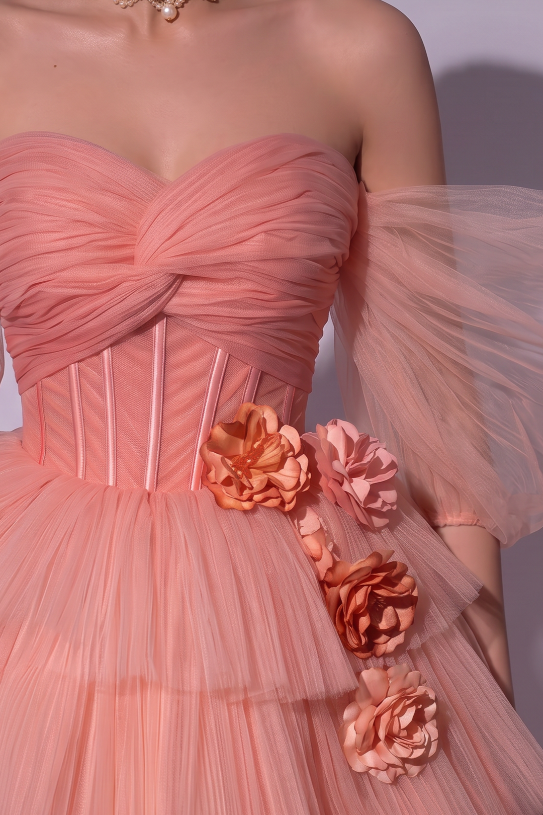 Dusty Pink Tulle Evening Dress with Delicate Floral Appliqué - Pink Tulle Party Dress Plus Size