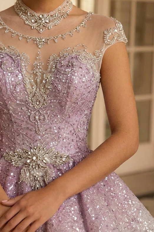 Dusty Rose Pink Short Glitter Dress with Illusion Neckline – Sparkly Sequin Evening Dress with Corset Back Plus Size