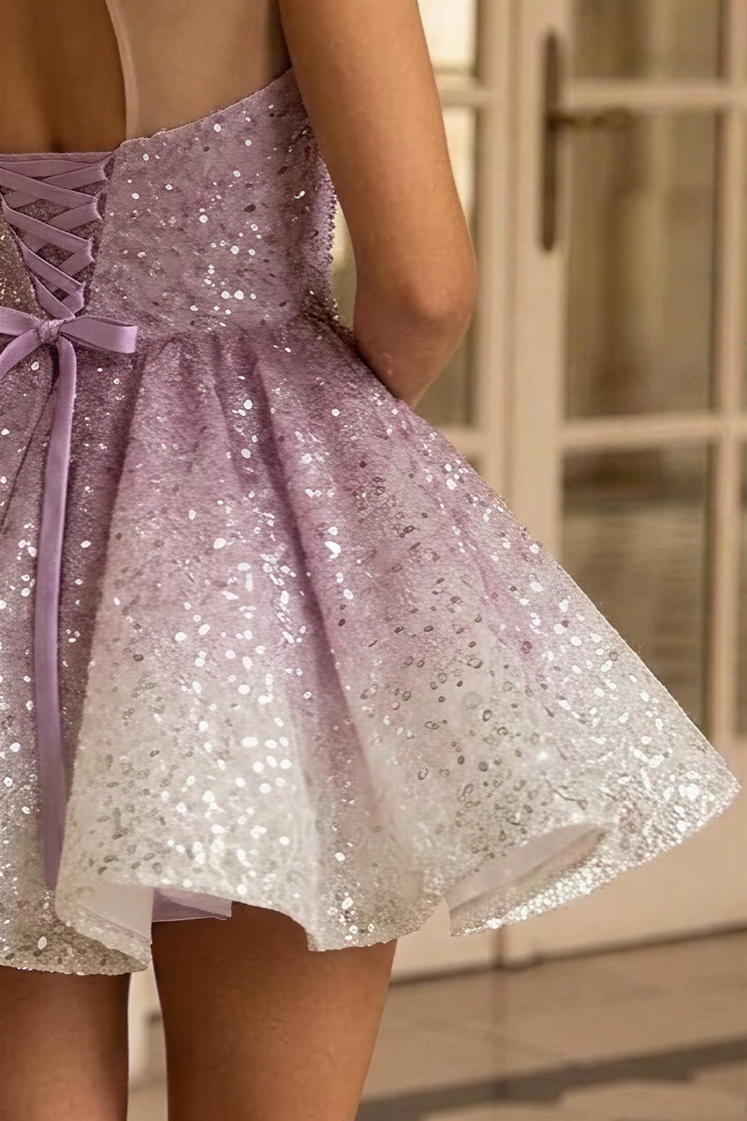 Dusty Rose Pink Short Glitter Dress with Illusion Neckline – Sparkly Sequin Evening Dress with Corset Back Plus Size