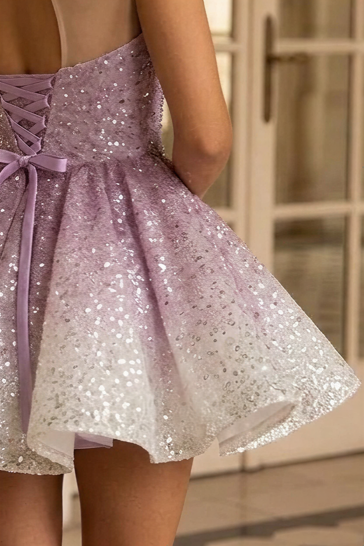 Dusty Rose Pink Short Glitter Dress with Illusion Neckline – Sparkly Sequin Evening Dress with Corset Back Plus Size