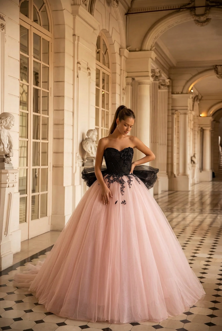 Blush Pink and Black Tulle Evening Gown - Floral Embroidered Corset Back Wedding Dress Plus Size
