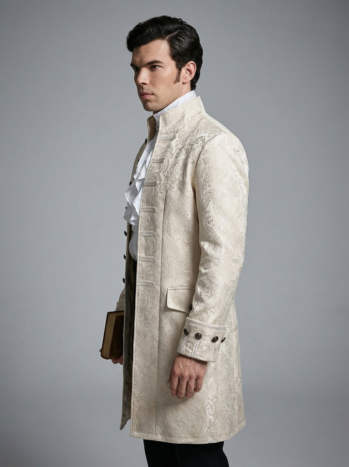 Bridgerton Inspired Vintage Style Regency Era Jacquard Beige Long Coat For Men - Ball Event Menswear - Plus Size
