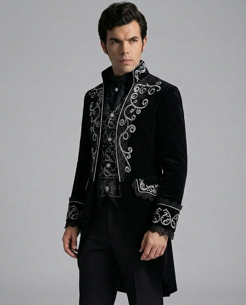 Gothic Palace Embroidered Black Regency Tailcoat Jacket for Men