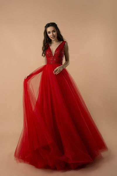 Radiant Red Tulle Evening Gown with Beaded Bodice and V-Neckline - Flowy Dresses for Wedding Plus Size