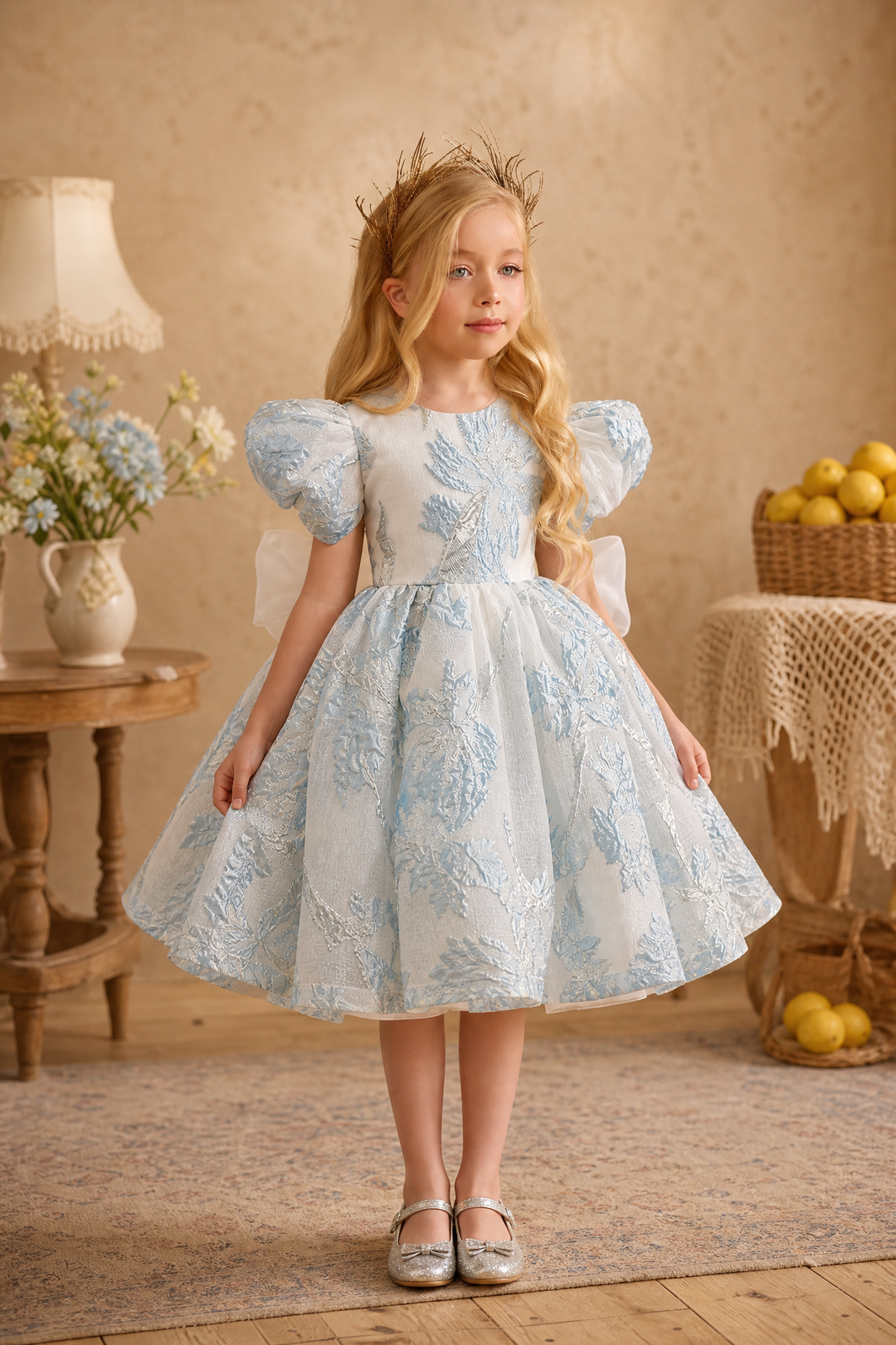 Elegant Blue and White Floral Embossed Flower Girl Dress - Plus Size WonderlandByLilian Elegant Blue and White Floral Embossed Flower Girl Dress - Plus Size WonderlandByLilian