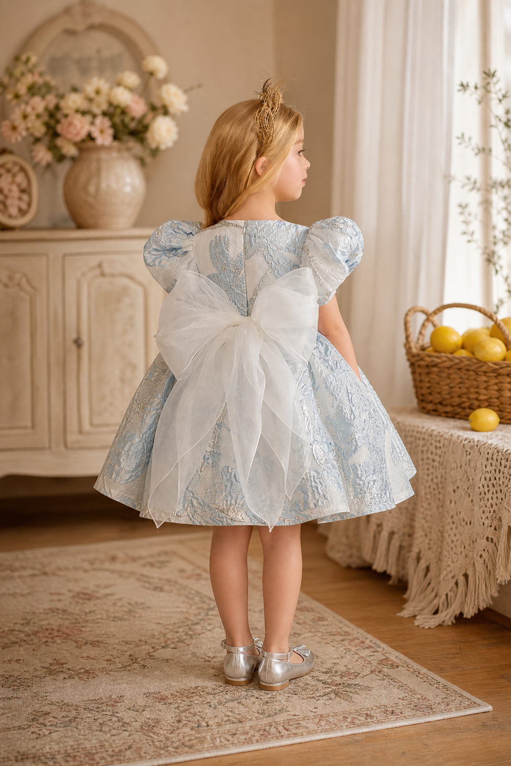 Elegant Blue and White Floral Embossed Flower Girl Dress - Plus Size Elegant Blue and White Floral Embossed Flower Girl Dress - Plus Size