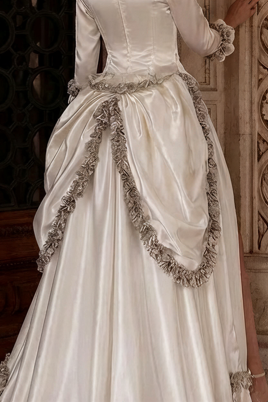 Elegant Cream Medieval Dress with Floral Embellishments – Rococo Ball Gown with Lace Trim Plus Size