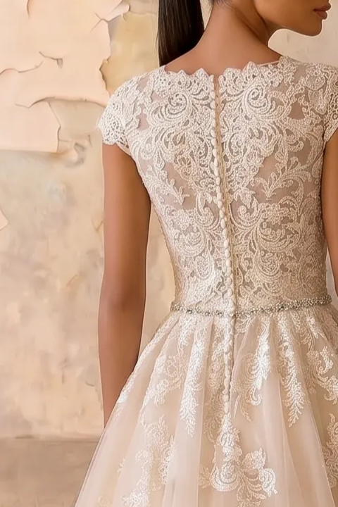 Effortless Elegance: Beige Modest Lace Gauze Dress with Short Sleeves Plus Size
