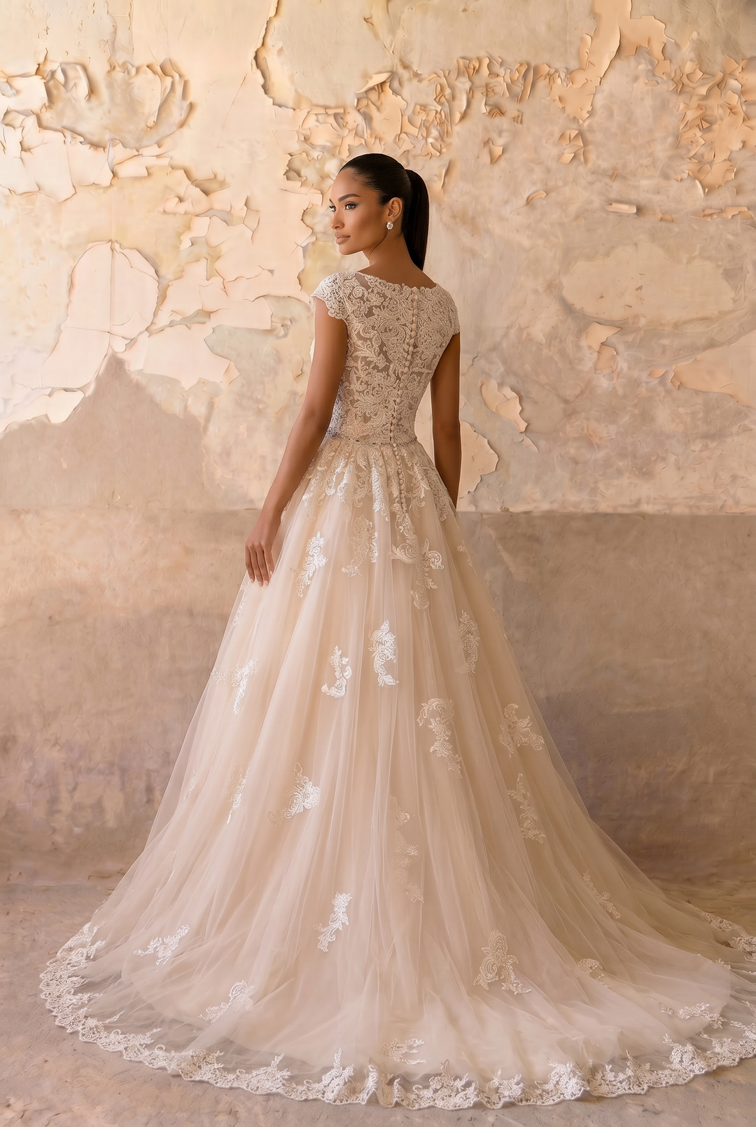 Effortless Elegance: Beige Modest Lace Gauze Dress with Short Sleeves Plus Size