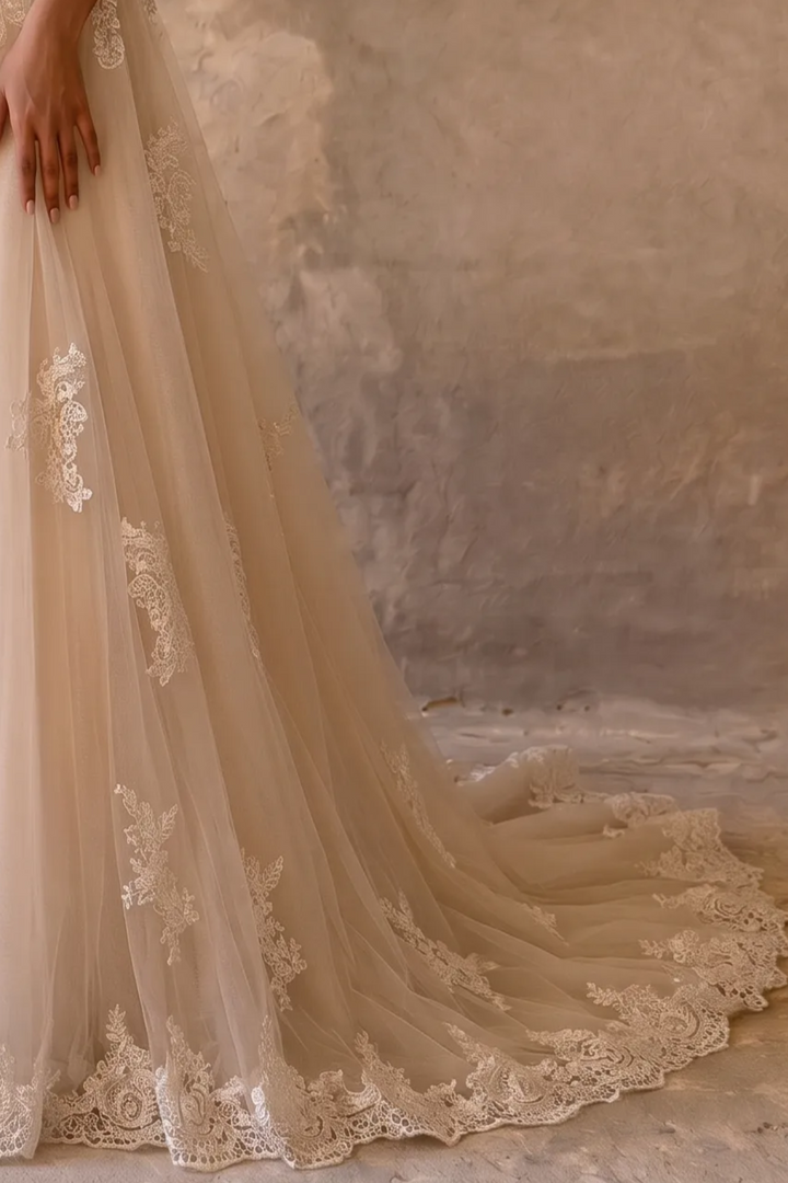 Effortless Elegance: Beige Modest Lace Gauze Dress with Short Sleeves Plus Size