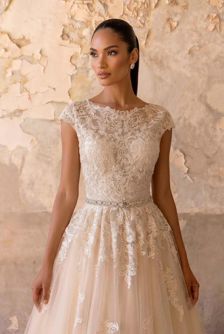 Effortless Elegance: Beige Modest Lace Gauze Dress with Short Sleeves Plus Size
