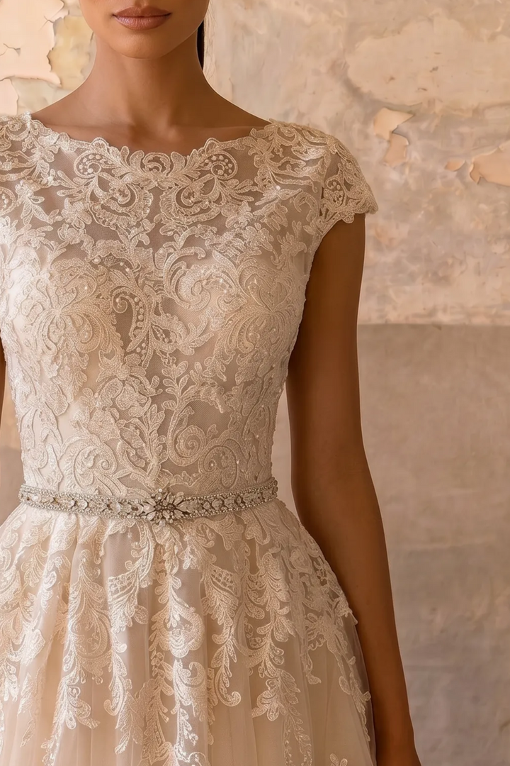 Effortless Elegance: Beige Modest Lace Gauze Dress with Short Sleeves Plus Size