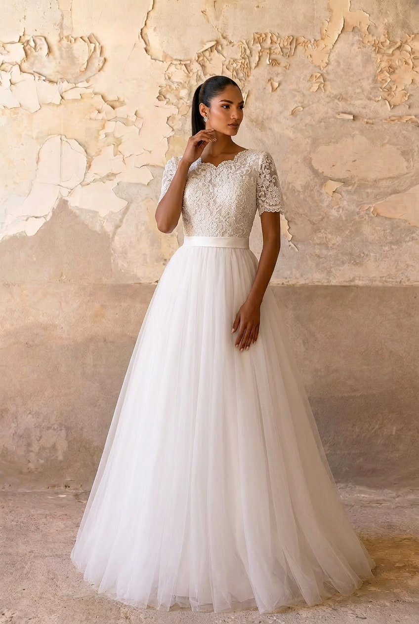 Effortless Elegance: Modest Lace Wedding Dress with Short Sleeves Plus SIze