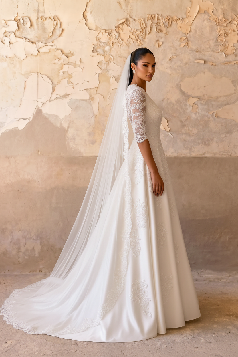 Effortless Elegance: Ready-to-Wear Modest Lace Wedding Dress with Half Sleeves Plus Size