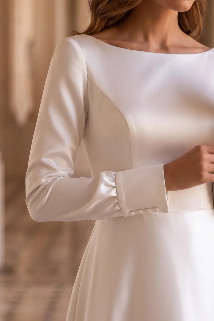 Eleganz neu definiert: Schlichtes, schlichtes Brautkleid mit langen Ärmeln – schmale A-Linie, Crêpe-Chiffon, Übergröße