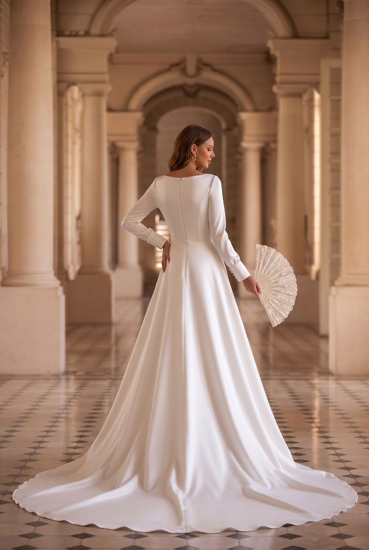 Eleganz neu definiert: Schlichtes, schlichtes Brautkleid mit langen Ärmeln – schmale A-Linie, Crêpe-Chiffon, Übergröße