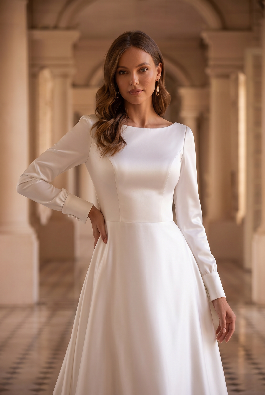 Eleganz neu definiert: Schlichtes, schlichtes Brautkleid mit langen Ärmeln – schmale A-Linie, Crêpe-Chiffon, Übergröße
