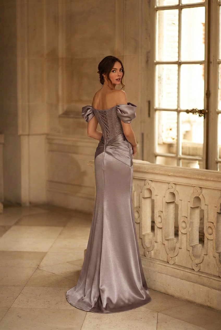 Elegant Gray-Brown Satin Off-Shoulder Evening Gown with Puff Sleeves & Corset Bodice – Luxe Formal Ball Gown Plus Size