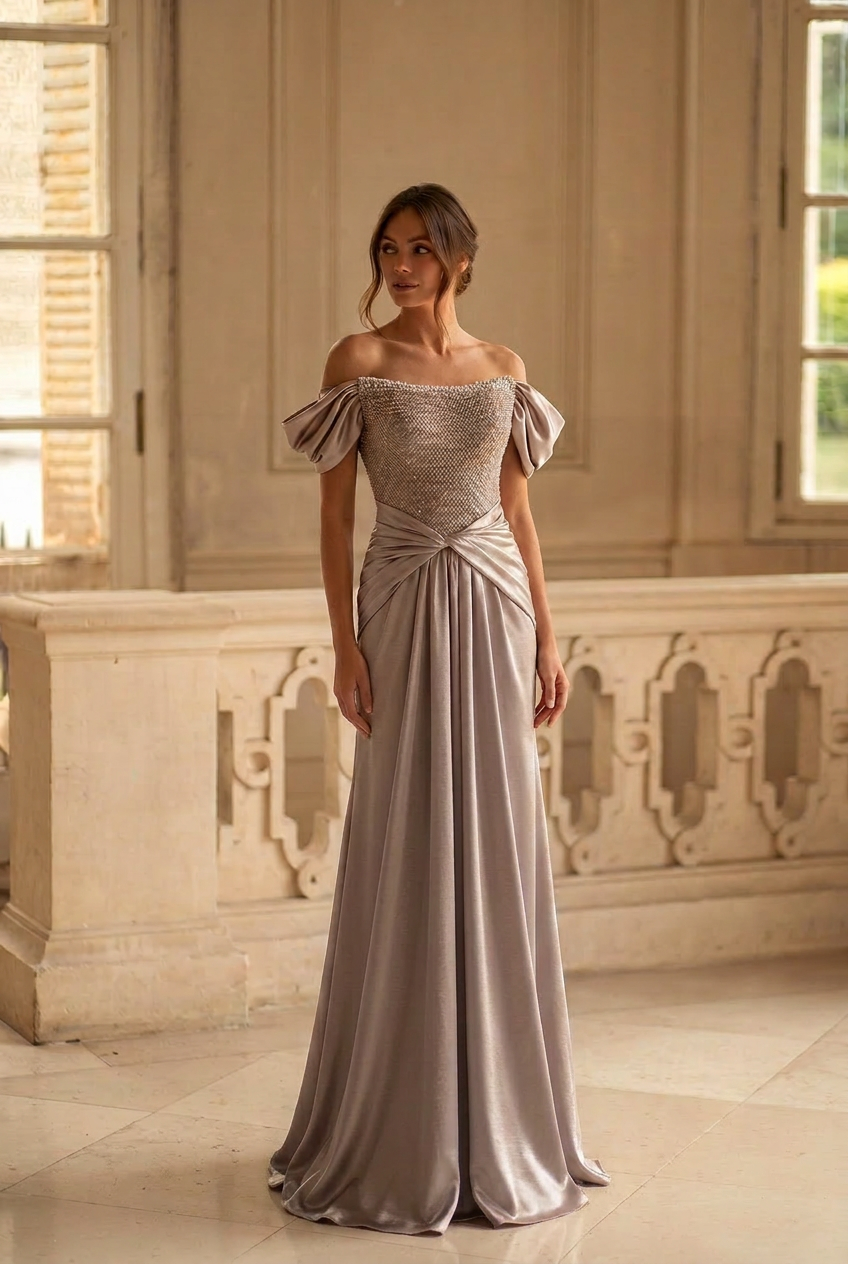 Elegant Gray-Brown Satin Off-Shoulder Evening Gown with Puff Sleeves & Corset Bodice – Luxe Formal Ball Gown Plus Size