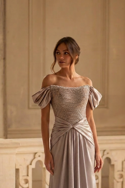 Elegant Gray-Brown Satin Off-Shoulder Evening Gown with Puff Sleeves & Corset Bodice – Luxe Formal Ball Gown Plus Size
