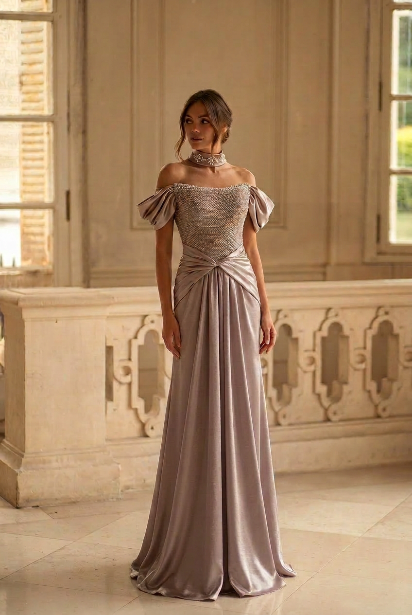 Elegant Gray-Brown Satin Off-Shoulder Evening Gown with Puff Sleeves & Corset Bodice – Luxe Formal Ball Gown Plus Size