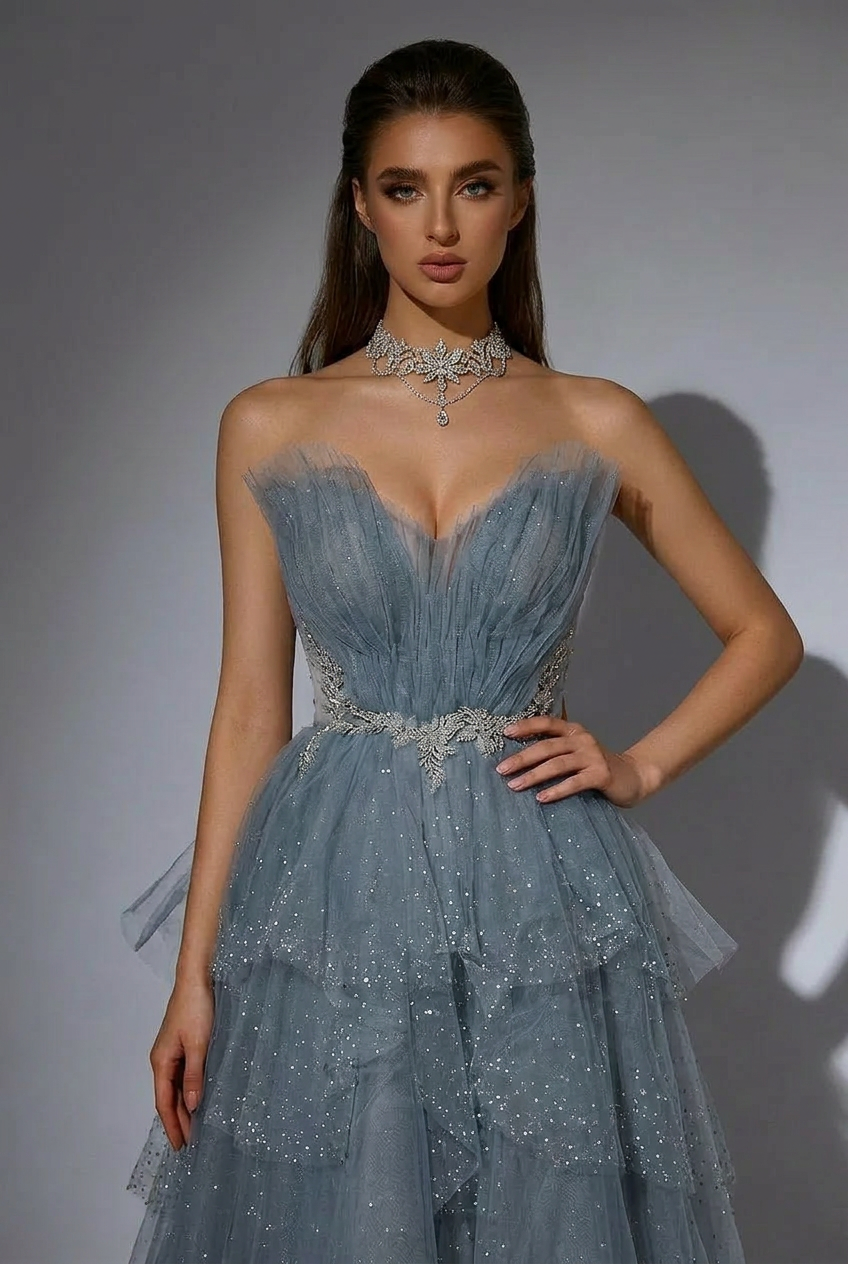 Elegant Blue Layered Tulle Evening Gown and Pretty Sequin Dress