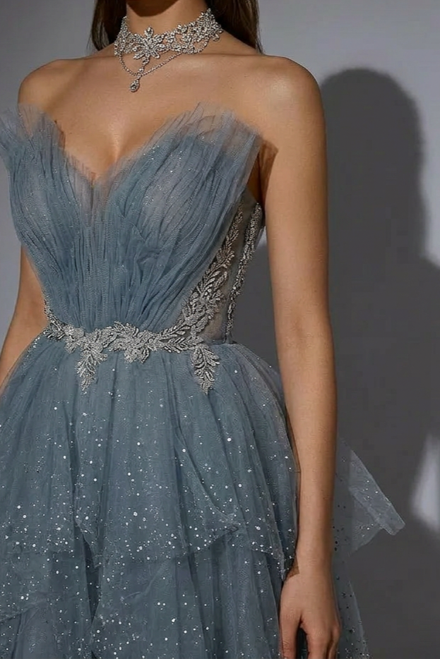 Elegant Blue Layered Tulle Evening Gown and Pretty Sequin Dress - Glittery Fairytale Dress with Corset Plus Size