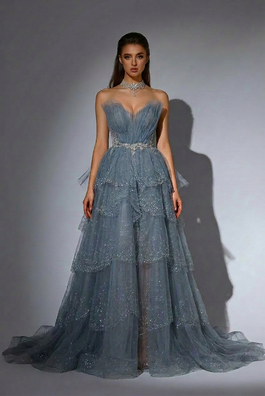 Elegant Blue Layered Tulle Evening Gown and Pretty Sequin Dress
