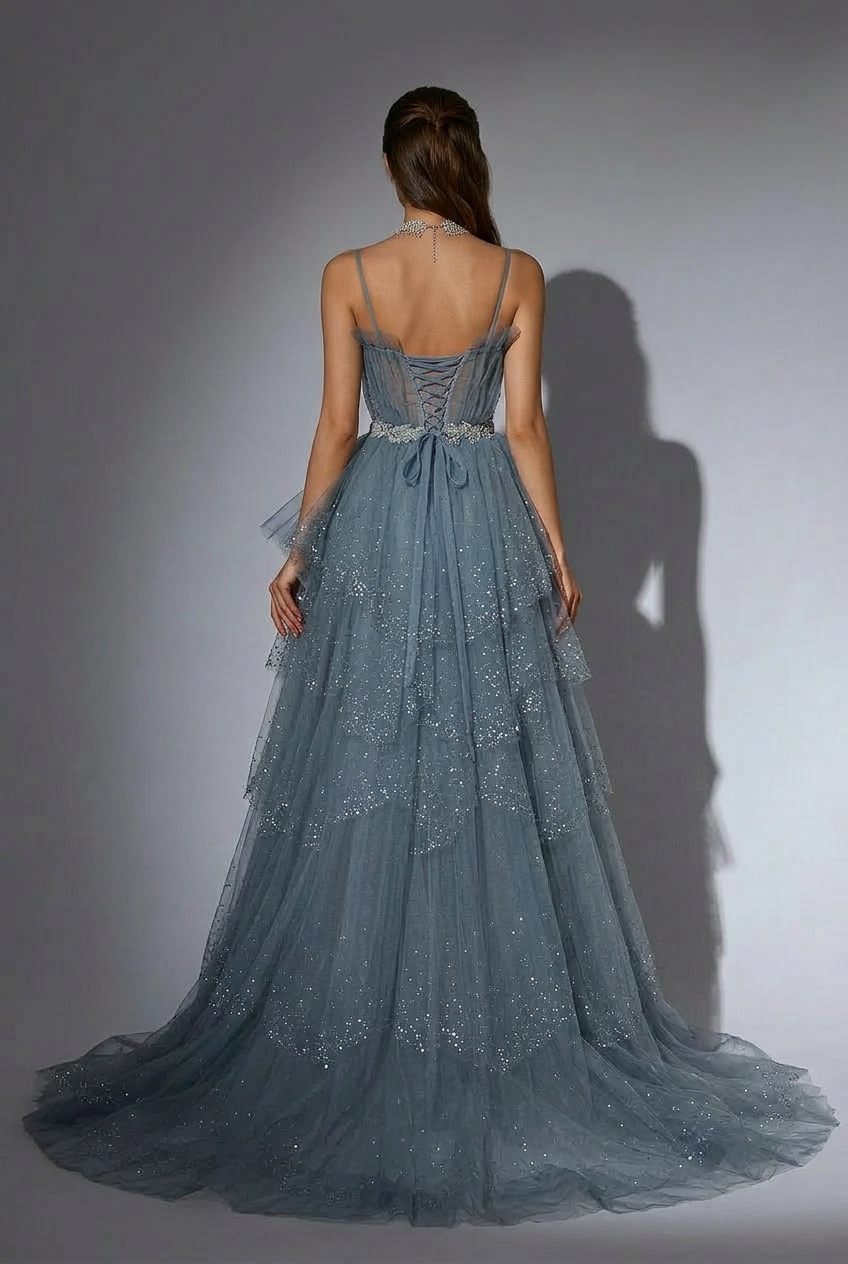 Elegant Blue Layered Tulle Evening Gown and Pretty Sequin Dress