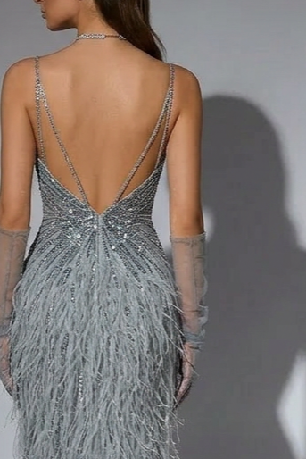 Elegant Blue Sequin and Feather Dress with Slit - Pretty Sequin Dress with Spaghetti Straps Plus Size