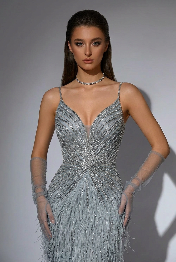 Elegant Blue Sequin and Feather Dress with Slit - Pretty Sequin Dress with Spaghetti Straps Plus Size