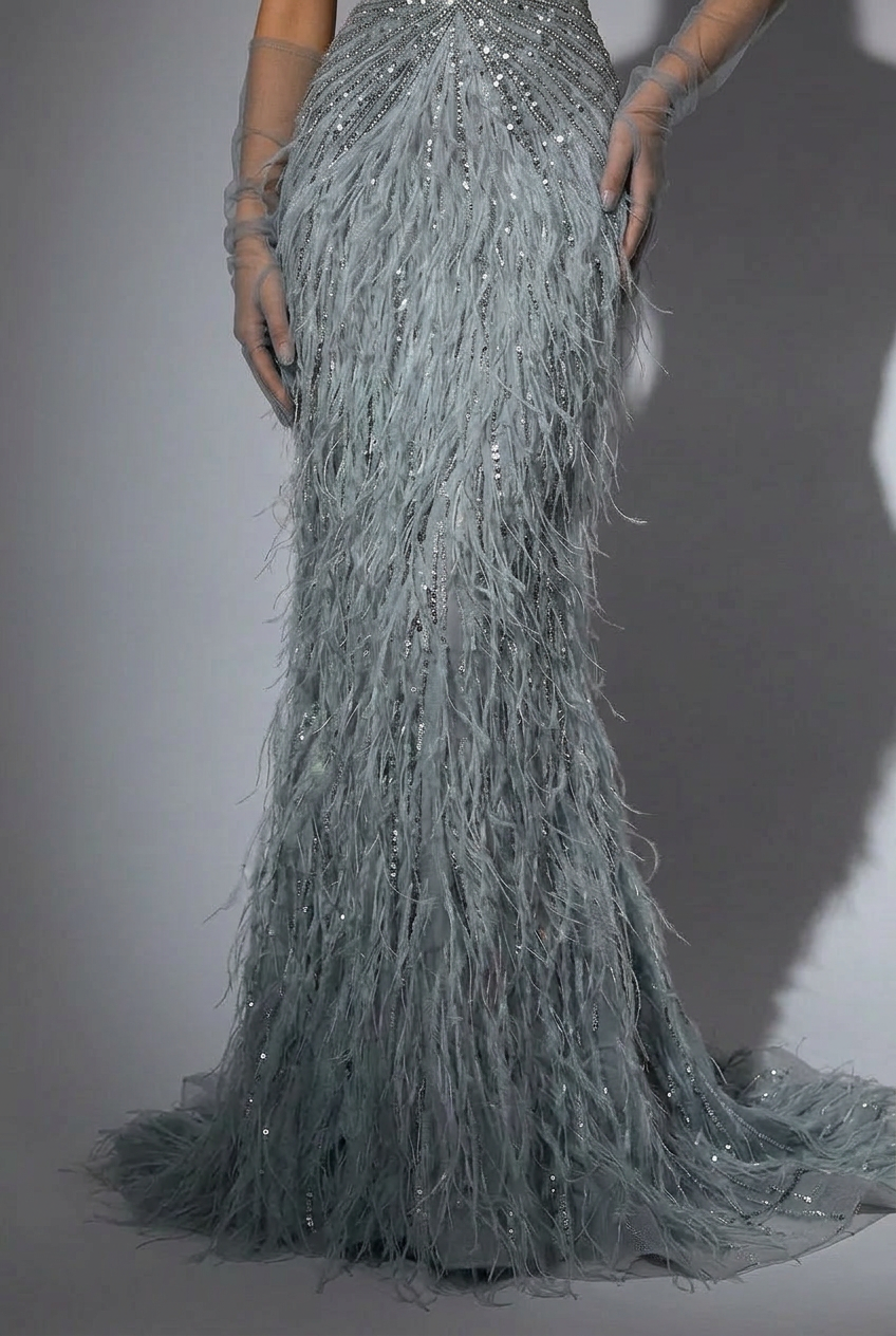Elegant Blue Sequin and Feather Dress with Slit - Pretty Sequin Dress with Spaghetti Straps Plus Size