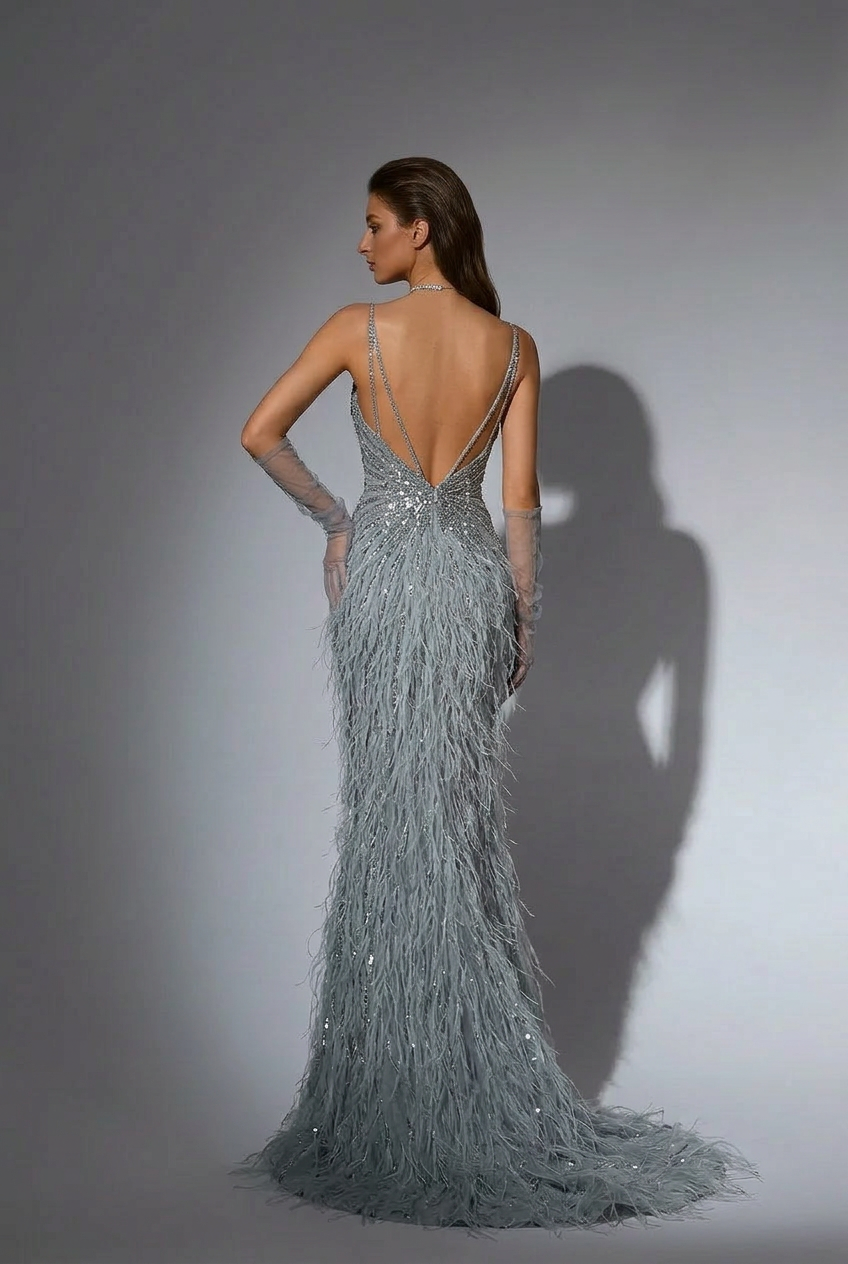 Elegant Blue Sequin and Feather Dress with Slit - Pretty Sequin Dress with Spaghetti Straps Plus Size