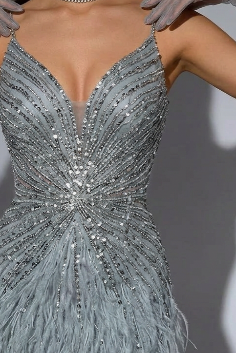 Elegant Blue Sequin and Feather Dress with Slit - Pretty Sequin Dress with Spaghetti Straps Plus Size