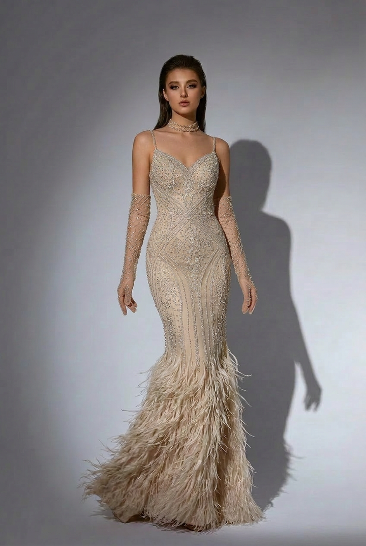 Elegant Champagne Beaded Sequin and Feather Dress - Pretty Sequin Dress - Spaghetti Strap Dress Plus Size