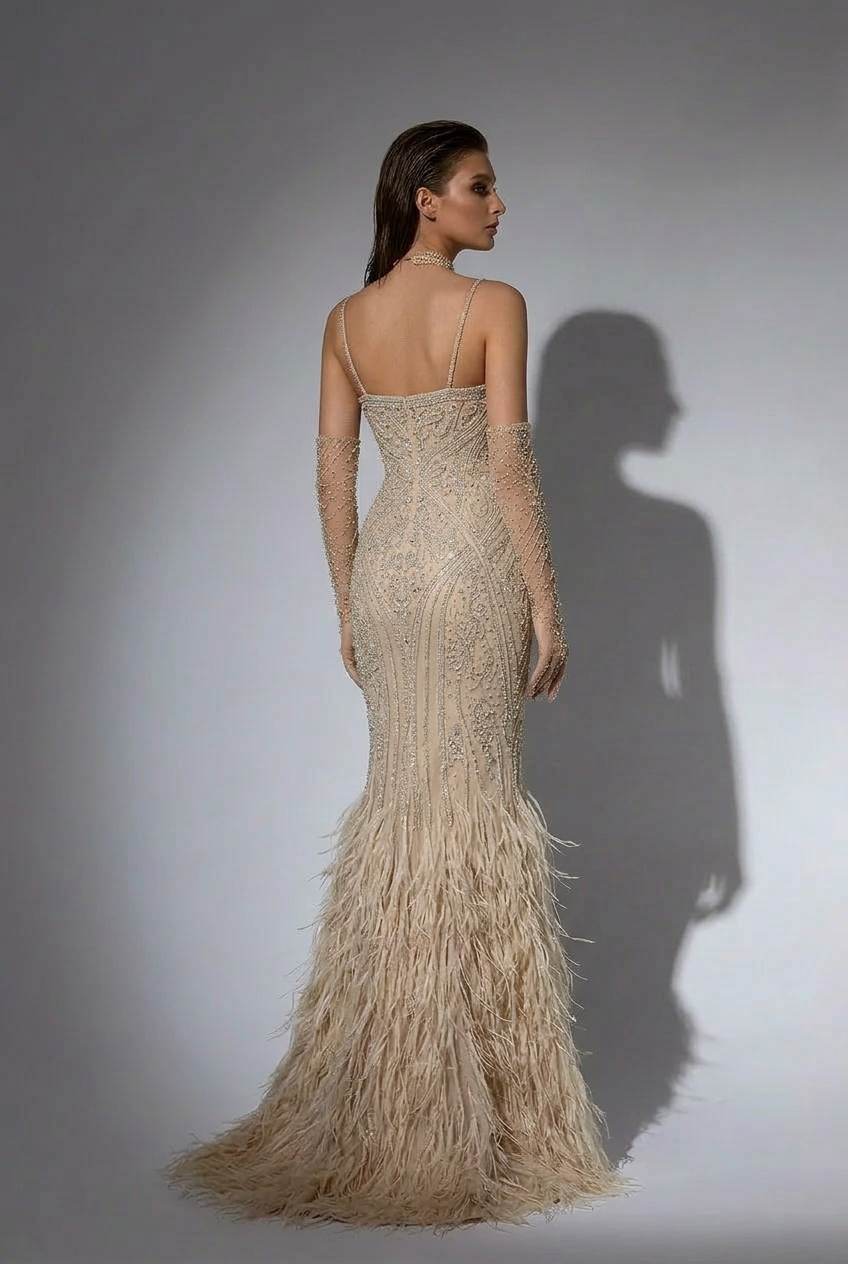 Elegant Champagne Beaded Sequin and Feather Dress - Pretty Sequin Dress - Spaghetti Strap Dress Plus Size