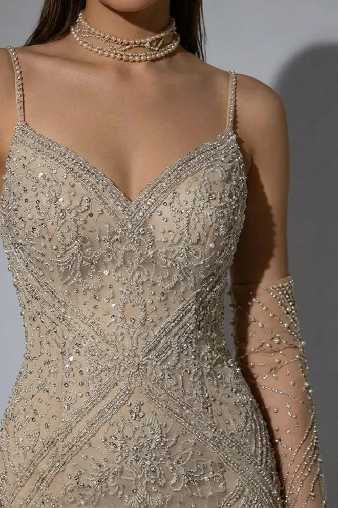 Elegant Champagne Beaded Sequin and Feather Dress - Pretty Sequin Dress - Spaghetti Strap Dress Plus Size