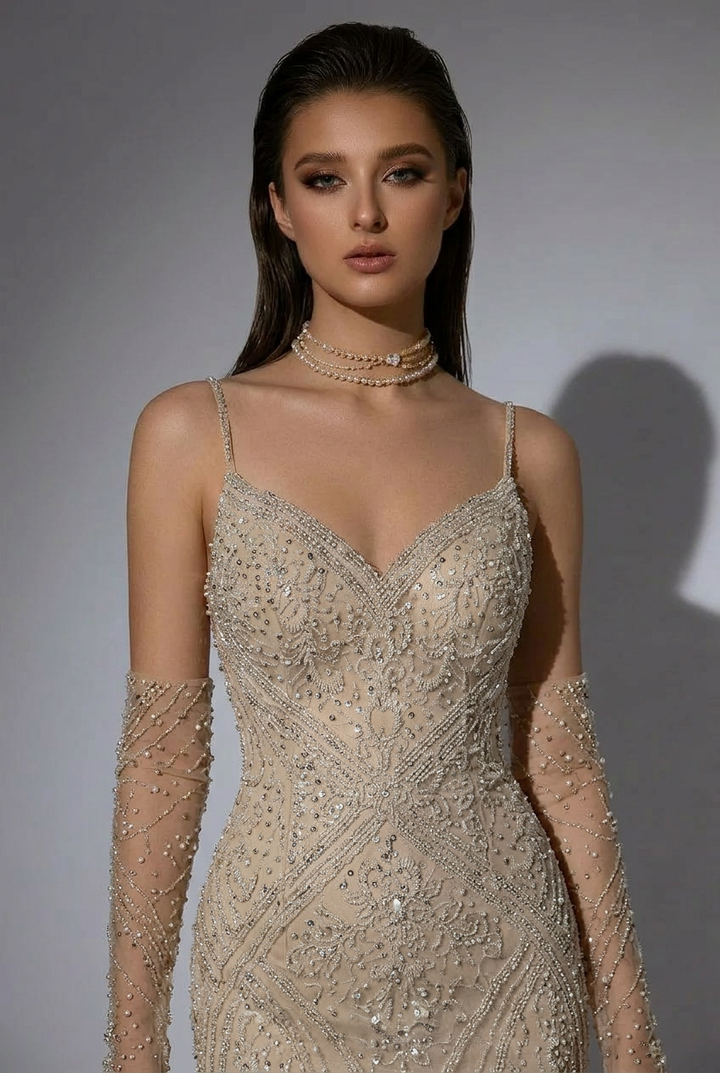 Elegant Champagne Beaded Sequin and Feather Dress - Pretty Sequin Dress - Spaghetti Strap Dress Plus Size