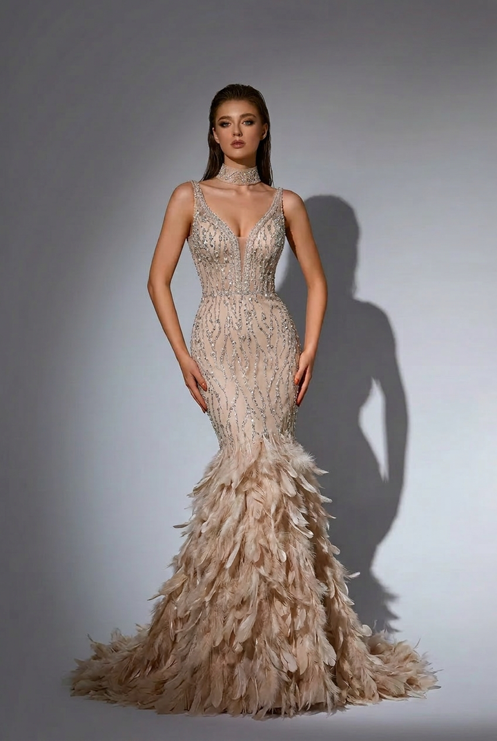 Elegant Champagne Feather and Sequin Evening Gown - Pretty V-Neck Glitter Dress with Feather Embellishments Plus Size