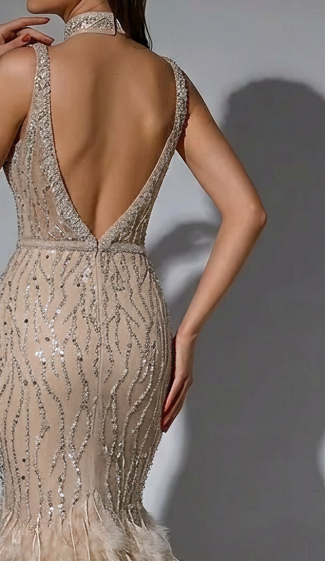 Elegant Champagne Feather and Sequin Evening Gown - Pretty V-Neck Glitter Dress with Feather Embellishments Plus Size