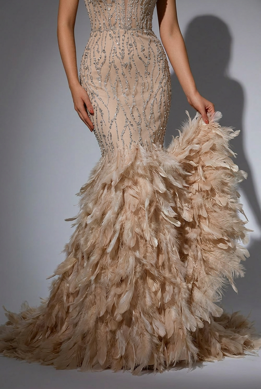 Elegant Champagne Feather and Sequin Evening Gown - Pretty V-Neck Glitter Dress with Feather Embellishments Plus Size