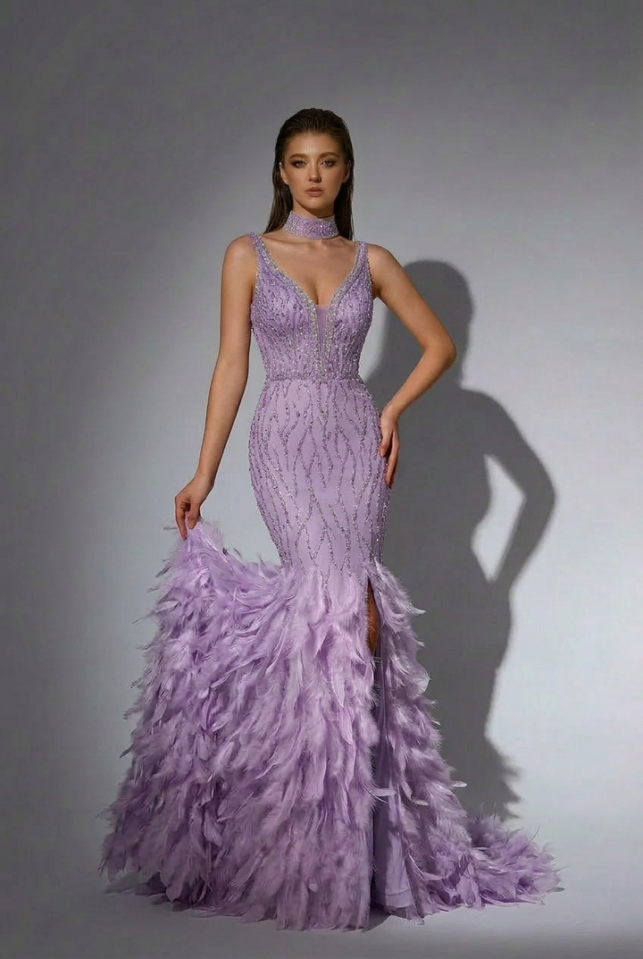 Elegant Champagne Feather and Sequin Evening Gown - Pretty V-Neck Glitter Dress with Feather Embellishments Plus Size