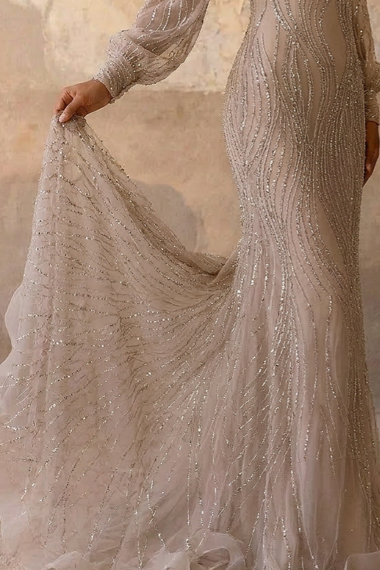 Elegant Champagne Sequin Evening Gown - Pretty Sequin Dress with Long Sleeves Plus Size