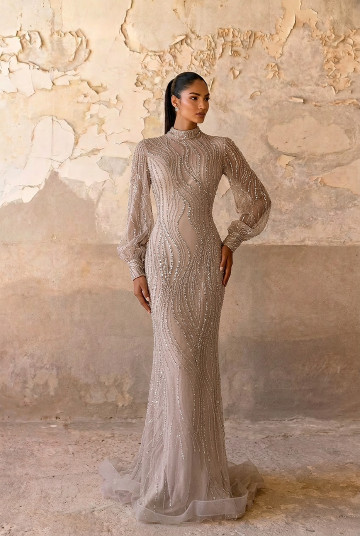 Elegant Champagne Sequin Evening Gown - Pretty Sequin Dress with Long Sleeves Plus Size