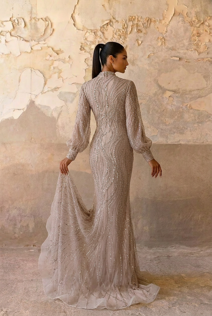 Elegant Champagne Sequin Evening Gown - Pretty Sequin Dress with Long Sleeves Plus Size